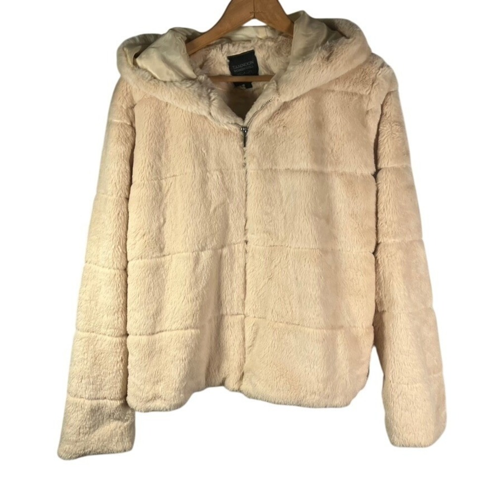 Tamnoon Women's Faux Fur Hooded Zip-Up Jacket Coat Size L Beige Winter